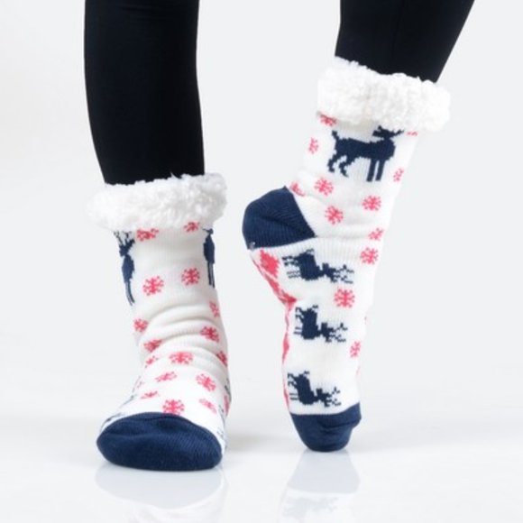 Navy Reindeer on White, Sherpa Lined Slipper Socks - Picture 2 of 4
